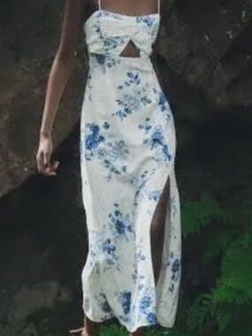 Zara White Maxi Dress with Blue Floral Print and Cutout